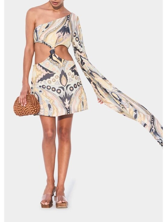 Cult Gaia Dresses & Skirts - CULT GAIA Lucy One Sleeve Asymmetric Silk Blend Cutout 70's Print Mini Dress- M
